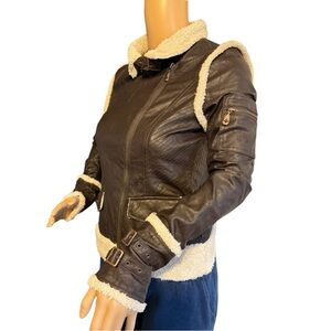 Affliction Jacket Women Brown XS Black Premium Lined Bomber USA Flag Fleece Trim